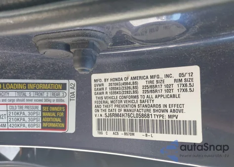 2012 Honda Cr-V Ex-L z USA, uszkodzony, nr VIN 5J6RM4H76CL058681